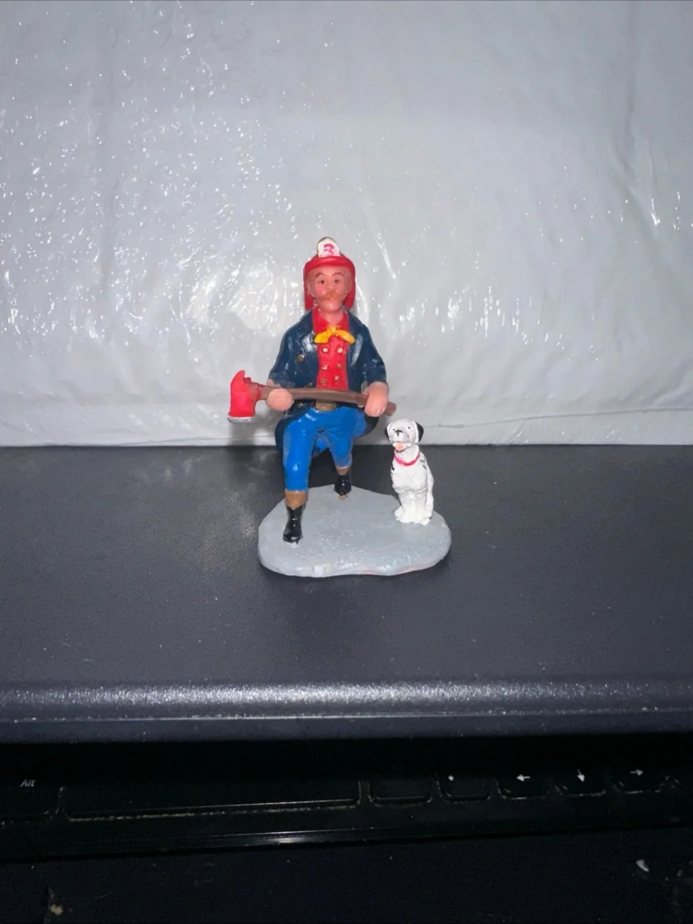 Red and Blue Firefighter Figurine with White Dog - Kids Toy